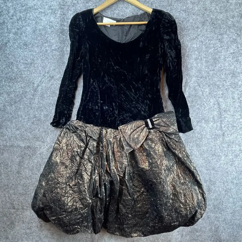 Vintage Warren Cocktail Party Dress Womens 8 Velvet Puff Skirt 80s Prom Metallic